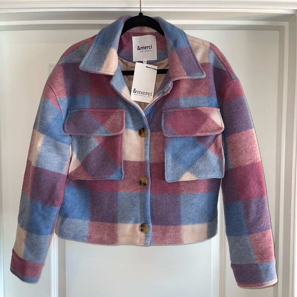 NWT Medium Pink Blue Cream &merci En Merci Plaid Shacket Jacket